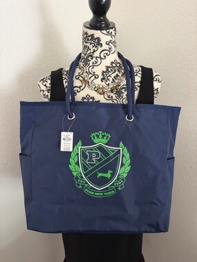 NWT PINK / VS Navy Tote Bag with Lime Green Crest